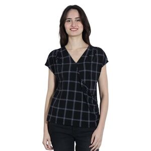 NWT Liz Claiborne Black & White Plaid Short Sleeve Blouse Large
